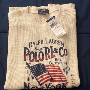 Boys 18-20-New with Tags-Polo Ralph Lauren Cream Kids Tee with Flag Graphic
